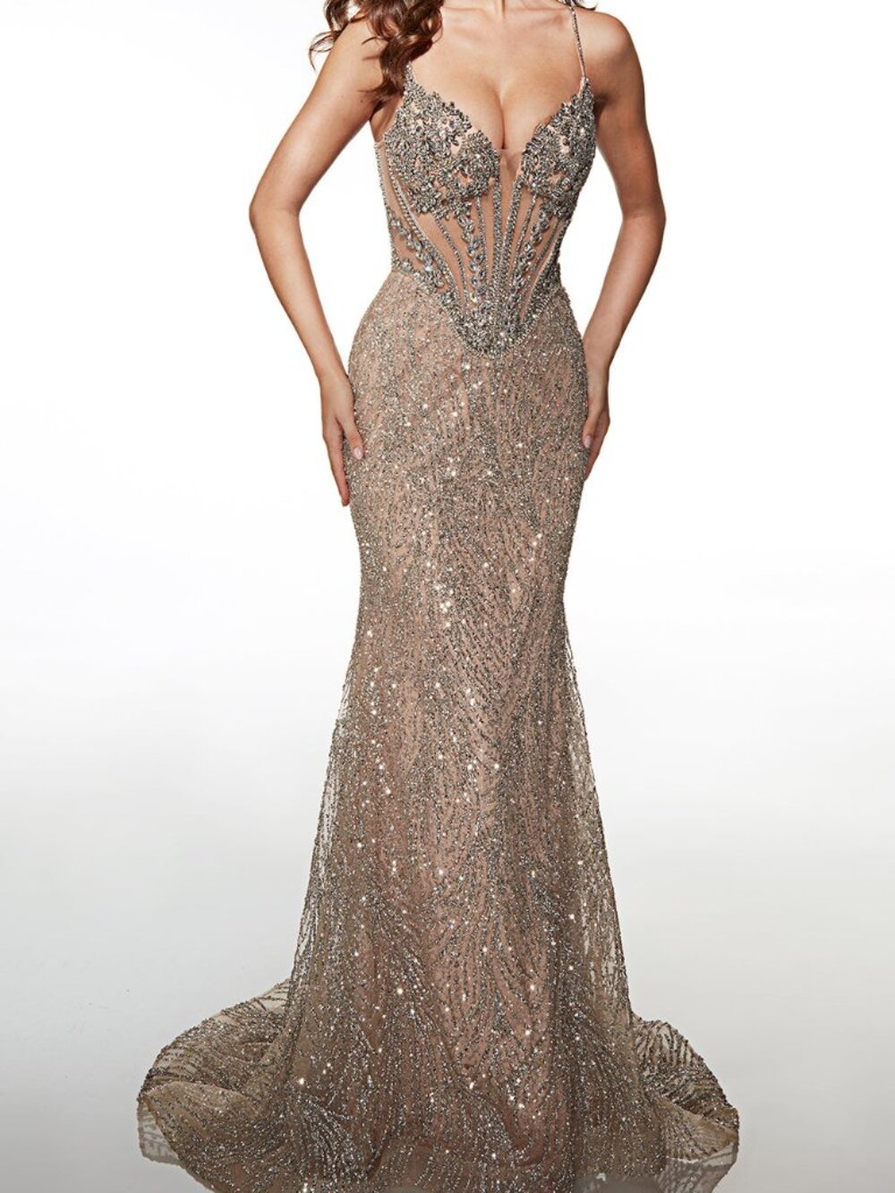 NWT Alyce Paris 62141 Embellished Plunging Prom Dress Silver Sand size 12